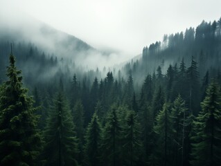 Obraz premium Aerial View of a Foggy Forest in the Mountains on a Cloudy Day