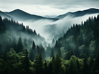 Obraz premium Aerial View of a Foggy Forest in the Mountains on a Cloudy Day