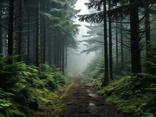 Fototapeta premium View of a Foggy Forest in the Mountains on a Cloudy Day