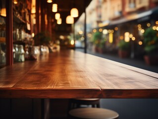 Empty wooden table with bokeh