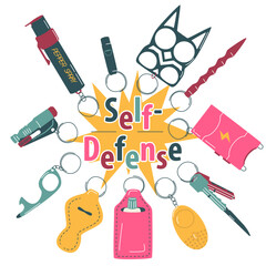Set of keychains for self-defense, pepper spay, kay, stun gun, knuckle duster, alarm, case, whistle, knife, glass breaker