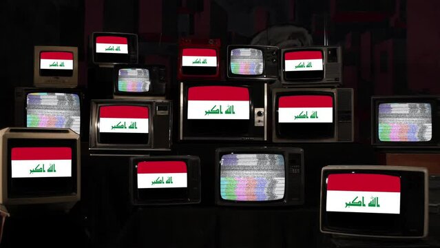 Vintage Televisions with The National Flag of Iraq. 4K Resolution.