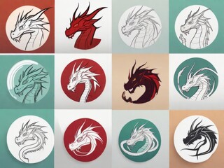 Dragon icons in outline: graphic set of single line drawings