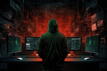 Hooded Man Immersed in Work, Surrounded by Dual Computer Monitors