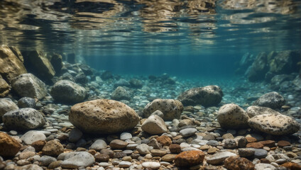Rocks underwater on riverbed with clear freshwater