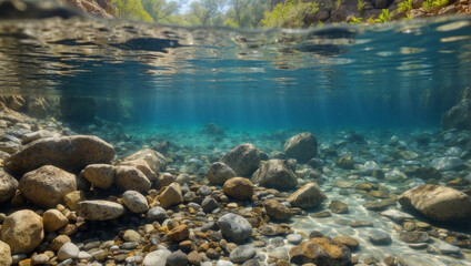 Rocks underwater on riverbed with clear freshwater