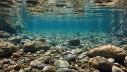 Fototapeta na wymiar Rocks underwater on riverbed with clear freshwater