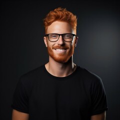 Obraz premium Confident Charm: Smiling Ginger Man in Black T-Shirt and Glasses on Black Background. Generative ai