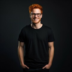 Confident Charm: Smiling Ginger Man in Black T-Shirt and Glasses on Black Background. Generative ai