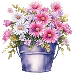 Watercolor flowers in bucket.