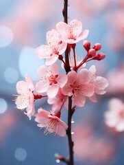 Pink cherry sakura blossom in spring on blur background.