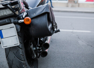 Close up shot of a vintage motorcycle leather saddle bag.