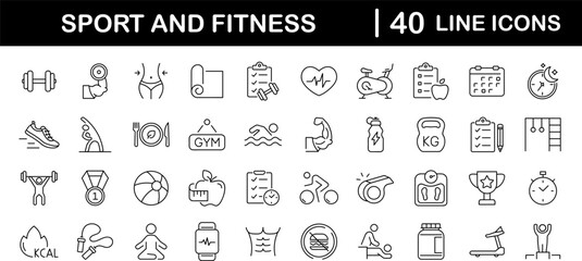Sport and Fitness set of web icons in line style. Gym and fitness icons for web and mobile app. Healthy lifestyle, exercise, diet, nutrition, weight training, body care, workout. Editable stroke - obrazy, fototapety, plakaty