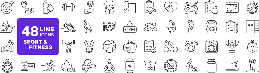 Sport and Fitness set of web icons in line style. Gym and fitness icons for web and mobile app. Healthy lifestyle, exercise, diet, nutrition, weight training, body care, workout. Editable stroke