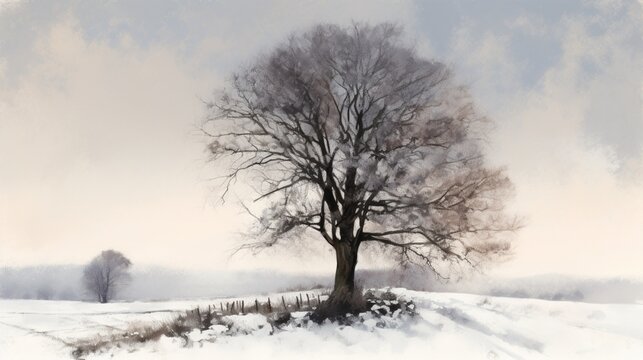 Painting singletree snow covered field beautiful art Ai generated art