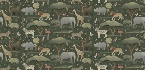 African animals in the habitat seamless pattern on dark background. Earthy color palette illustration. Exotic nature wallpaper for home decoration, fabric, postcard.