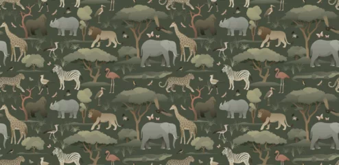 Fototapeten African animals in the habitat seamless pattern on dark background. Earthy color palette illustration. Exotic nature wallpaper for home decoration, fabric, postcard. © Anastasiia Neibauer