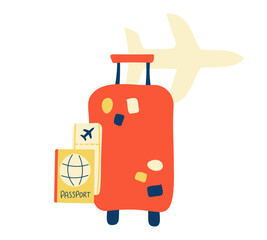 Suitcase, passport and plane tickets. Luggage with stickers and travel documents. Flight. Air transport form. Trip. Traveler things. Color image - orange and yellow. Flat design. Vector illustration