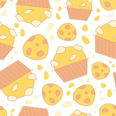 Pattern of muffins and chocolate chip cookies. American Cupcake and Cookies. Dessert and pastries. Confectionery. Seamless pattern Sweet food. Color image on a white background. Vector illustration.