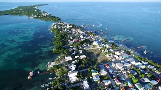 Caye Caulker Island in Caribbean Sea. Belize. Drone Point of View.