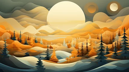 Schilderijen op glas AI-generated landscape illustration with autumn colors in the hills and a big harvest sun or moon. MidJourney. © EAStevens