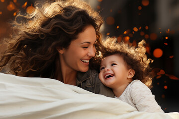 Lachende Mutter mit ihrem glücklichen Kind im Bett (Durch AI generiert)