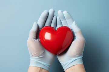 Rotes Herz auf blauen medizinischen Handschuhen (Durch AI generiert)