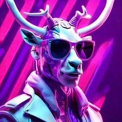 Neon futuristic portrait in pop art style of white reindeer with large strong horns