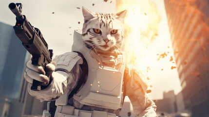 cat wearing futuristic agent uniforms, gun on hand, jumping trough the sky. generative ai