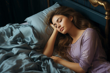 Obraz premium Schlafende Frau im Bett (Durch AI generiert)