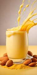 Almond Milk splash in a glass isolated on yellow background. Oat milk splash. Glass of  milk 