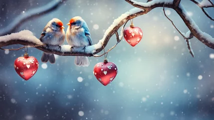 Fotobehang Lovebirds decorating a tree with heart-shaped ornaments, celebrating their love in a wintry wonderland. © insta_shorts 