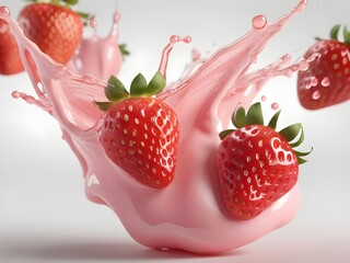 Closeup of pink milky splash and fresh red strawberries isolated on white background