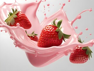 Closeup of pink milky splash and fresh red strawberries isolated on white background