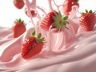 Closeup of pink milky splash and fresh red strawberries isolated on white background