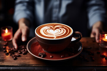 Herz Cappuccino auf Holztisch mit Kaffee Bohnen (Durch AI generiert)