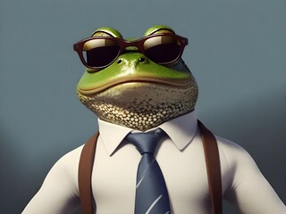 Mr. Frog wearing sunglasses and dressed in shirt and tie, smiling, meme, humorous
