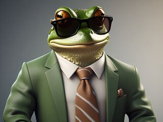 Mr. Frog wearing sunglasses and dressed in shirt and tie, smiling, meme, humorous