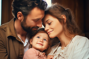 Glückliche Eltern Mama und Papa mit ihrem Baby (Durch AI generiert) - obrazy, fototapety, plakaty