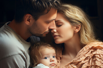 Glückliche Eltern Mama und Papa mit ihrem Baby (Durch AI generiert) - obrazy, fototapety, plakaty