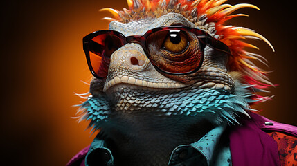colorful lizard with sunglasses dark background. cool lizard and beautiful lizard. generative ai
