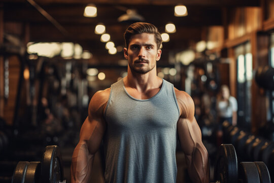 Durchtrainierter Mann mit vielen Muskeln im Fitnessstudio (Durch AI generiert)