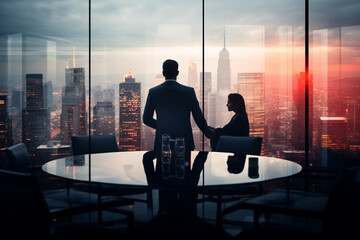 Männer und Frauen im Anzug Business vor Skyline bei Sonnenaufgang (Generiert durch KI-Tool)