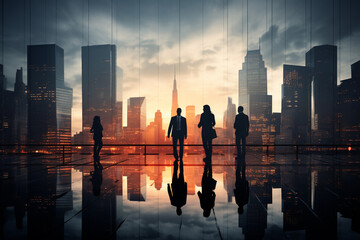 Männer und Frauen im Anzug Business vor Skyline bei Sonnenaufgang (Generiert durch KI-Tool) - obrazy, fototapety, plakaty