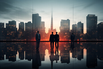 Männer und Frauen im Anzug Business vor Skyline bei Sonnenaufgang (Generiert durch KI-Tool) - obrazy, fototapety, plakaty