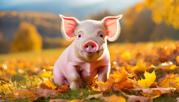 Lindo y tierno cerdito bebe rosa mirando a la c&aacute;mara en un atardecer en oto&ntilde;o con hojas oto&ntilde;ales en el suelo