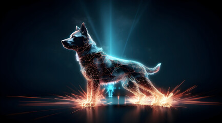 A  german shepherd dog outlined with bright, blue digital light. - obrazy, fototapety, plakaty