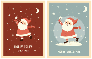 Merry Christmas. Winter Holidays Vector Retro Cards with Cute Happy Santa Claus. Hand Drawn Funny Santa in a Round Frame on a Pale Blue and Dark Red Background. Lovely Christmas Print. Rgb Colors.