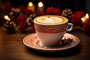 Fototapeta premium Christmas coffee cup with latte art. Cozy atmosphere. Christmas and New Year holiday cappuccino coffee.