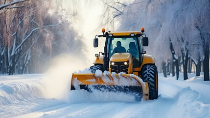 snow removal equipment, a yellow tractor with a bucket cleans snow from the road. cleaning snowdrifts from the street in winter. special equipment.